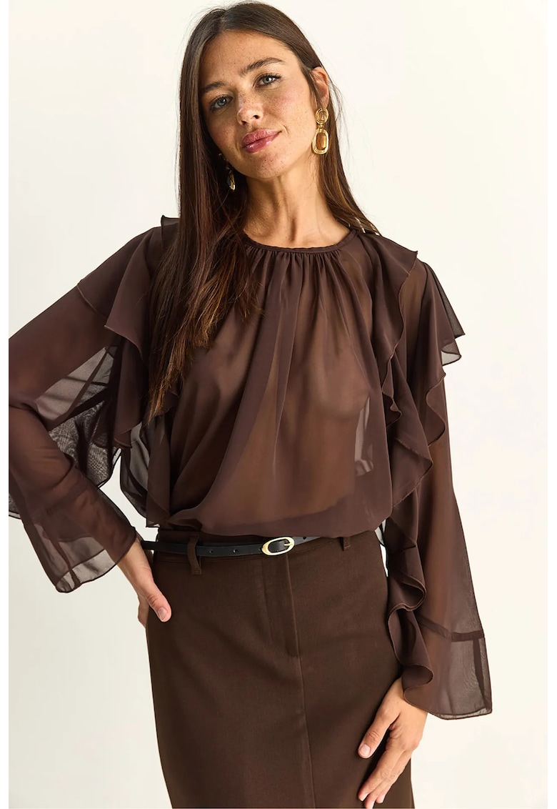 Bluza dama - sifon cu volane - elegant - maro - 100% poliester