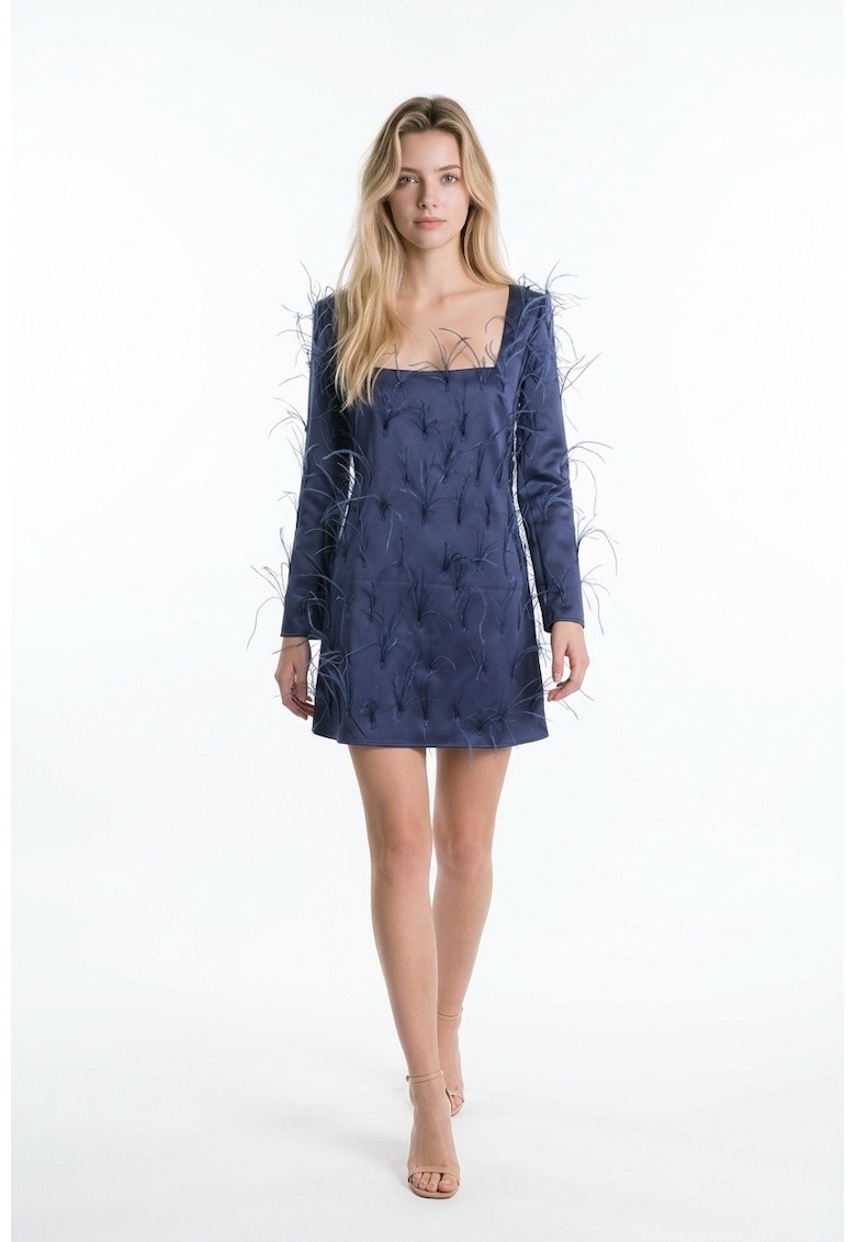 Rochie scurta cu detalii cu pene Aaliyah - Bleumarin