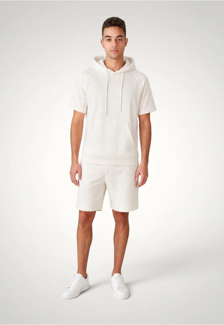 Set vara pentru barbati - Hoody maneca scurta si Pantaloni scurti - Bumbac premium - Alb