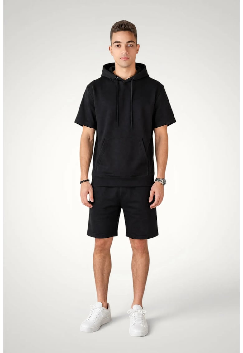 Set vara pentru barbati - Hoody maneca scurta si Pantaloni scurti - Bumbac premium - Negru
