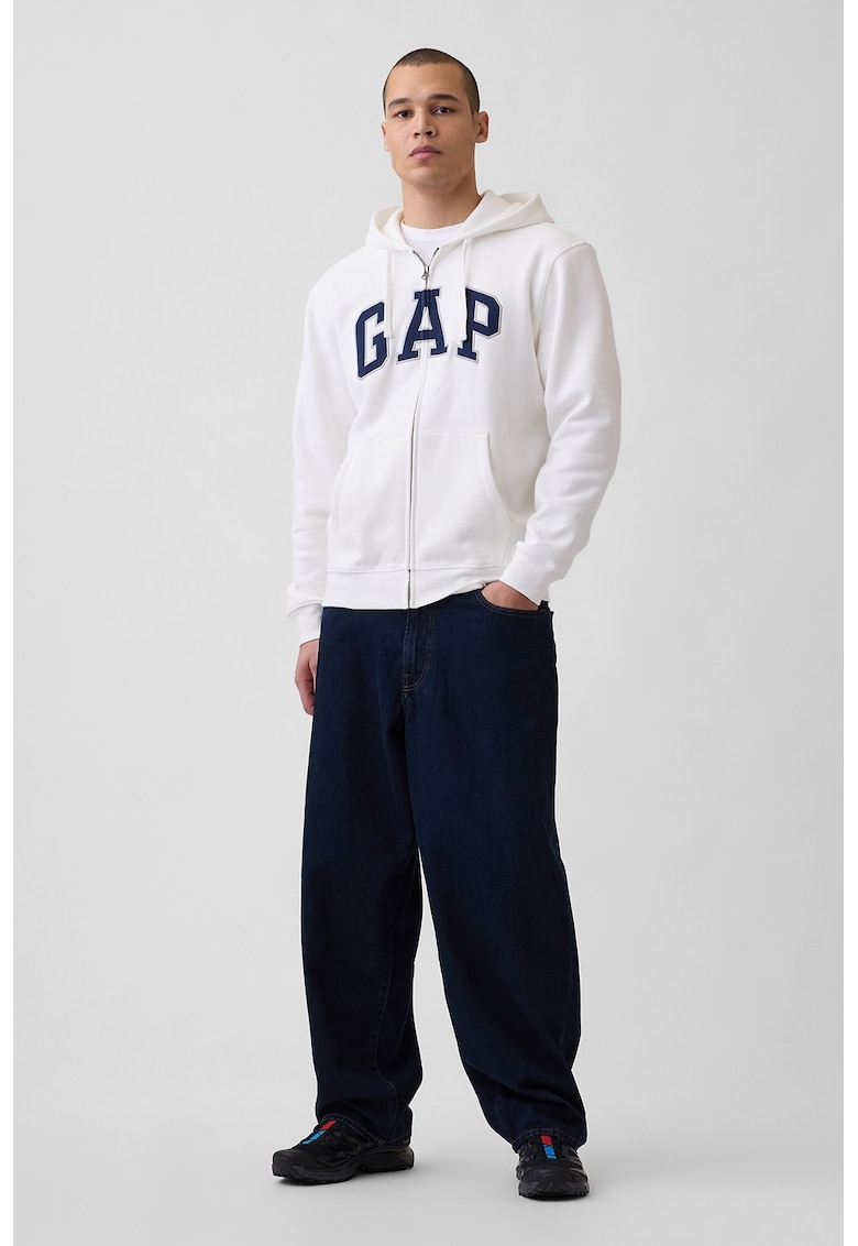 Hanorac unisex cu fermoar si imprimeu logo contrastant