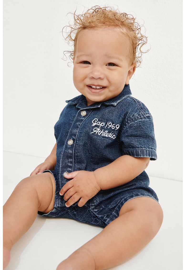 Salopeta scurte din denim cu logo brodat - Albastru inchis