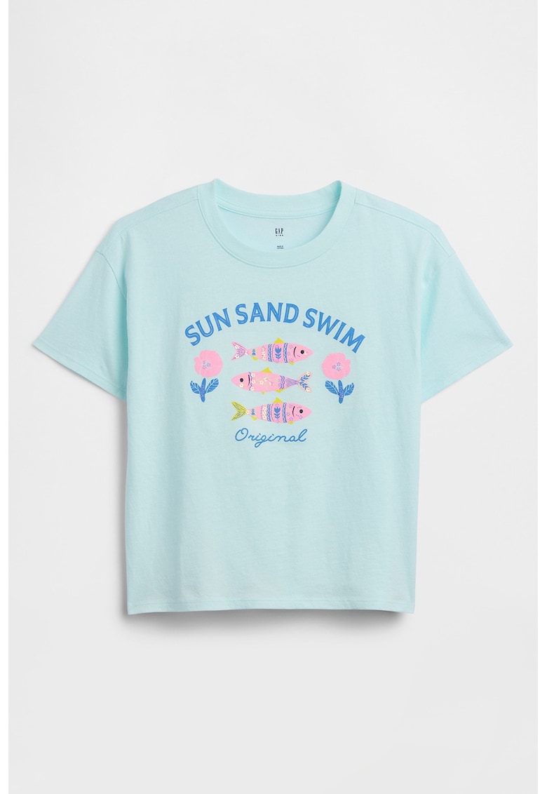 Tricou din bumbac cu imprimeu text si grafic - Albastru pastel