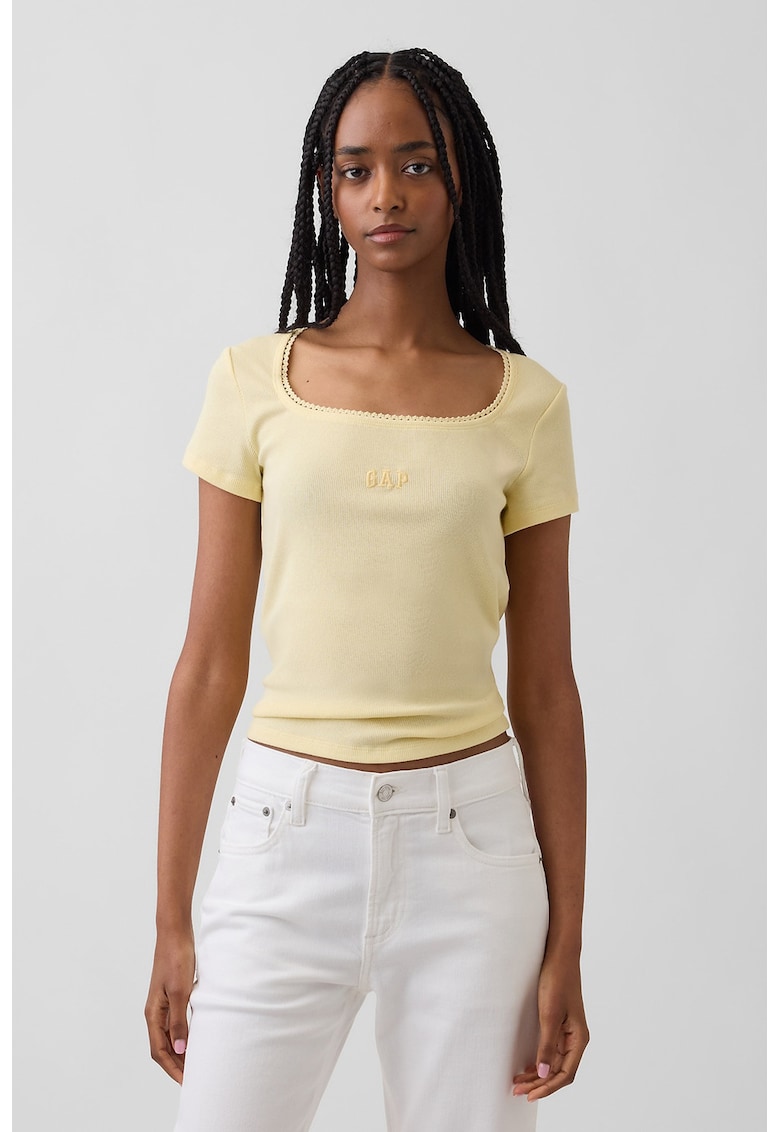 Tricou slim-fit cu decolteu patrat - Galben pal