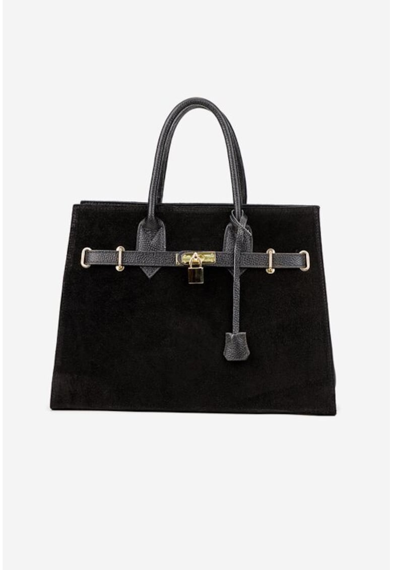 Geanta dama neagra din piele cu accesoriu lacat