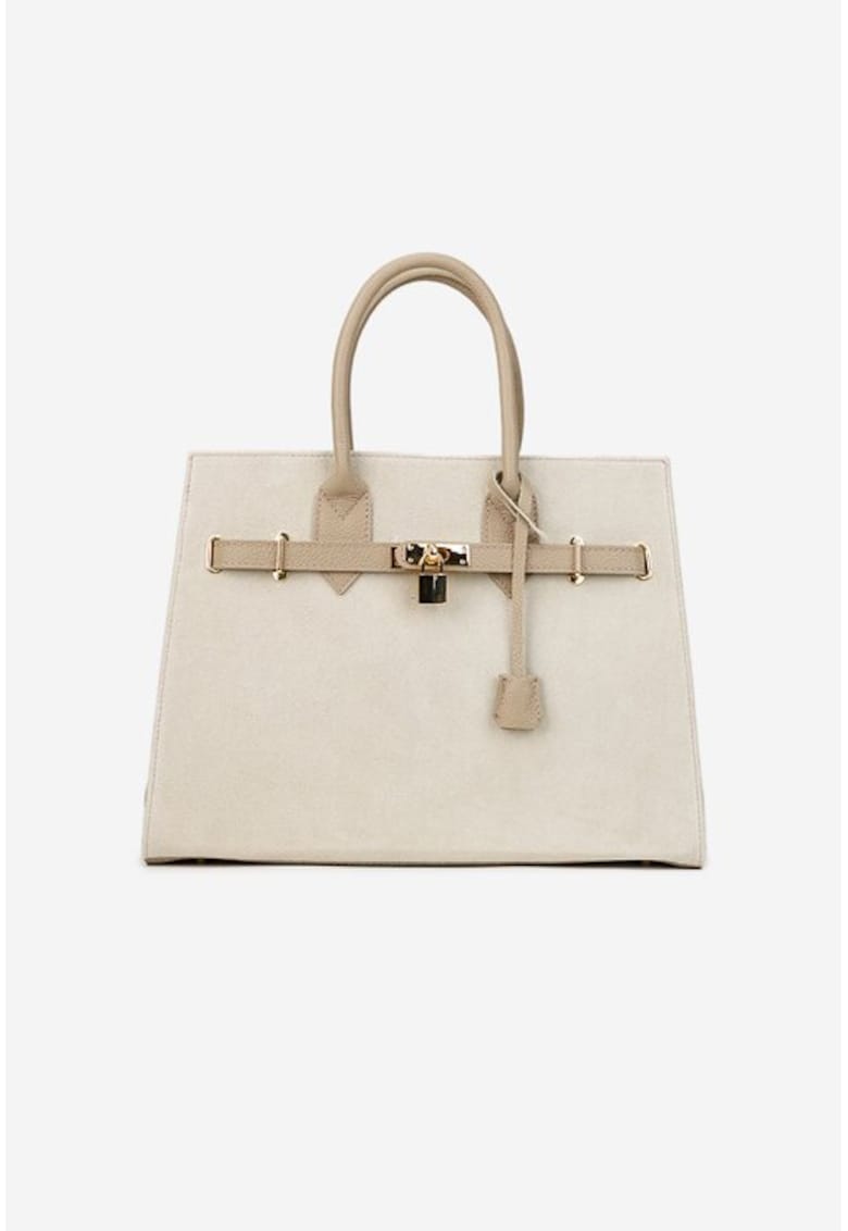 Geanta dama bej cu taupe din piele cu accesoriu lacat