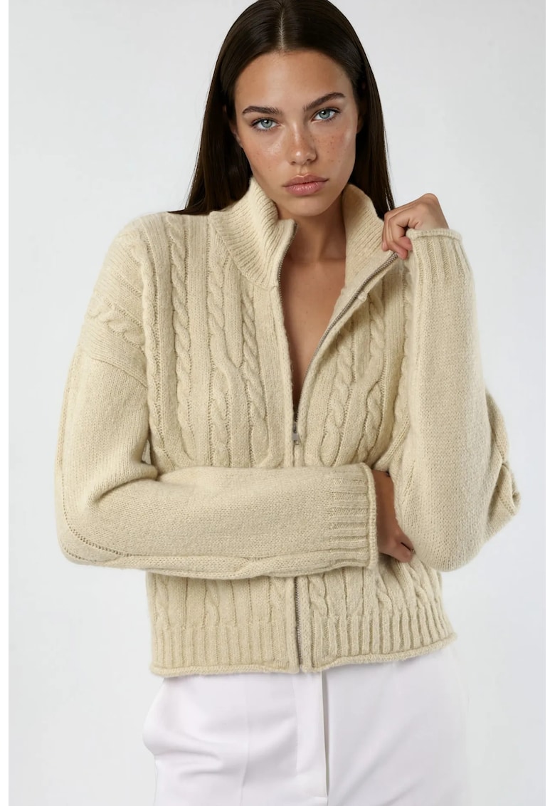 Cardigan tricotat cu fermoar - bej - acrilic/poliester