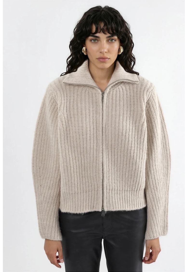 Cardigan - gros texturat - guler inalt - fermoar - bej