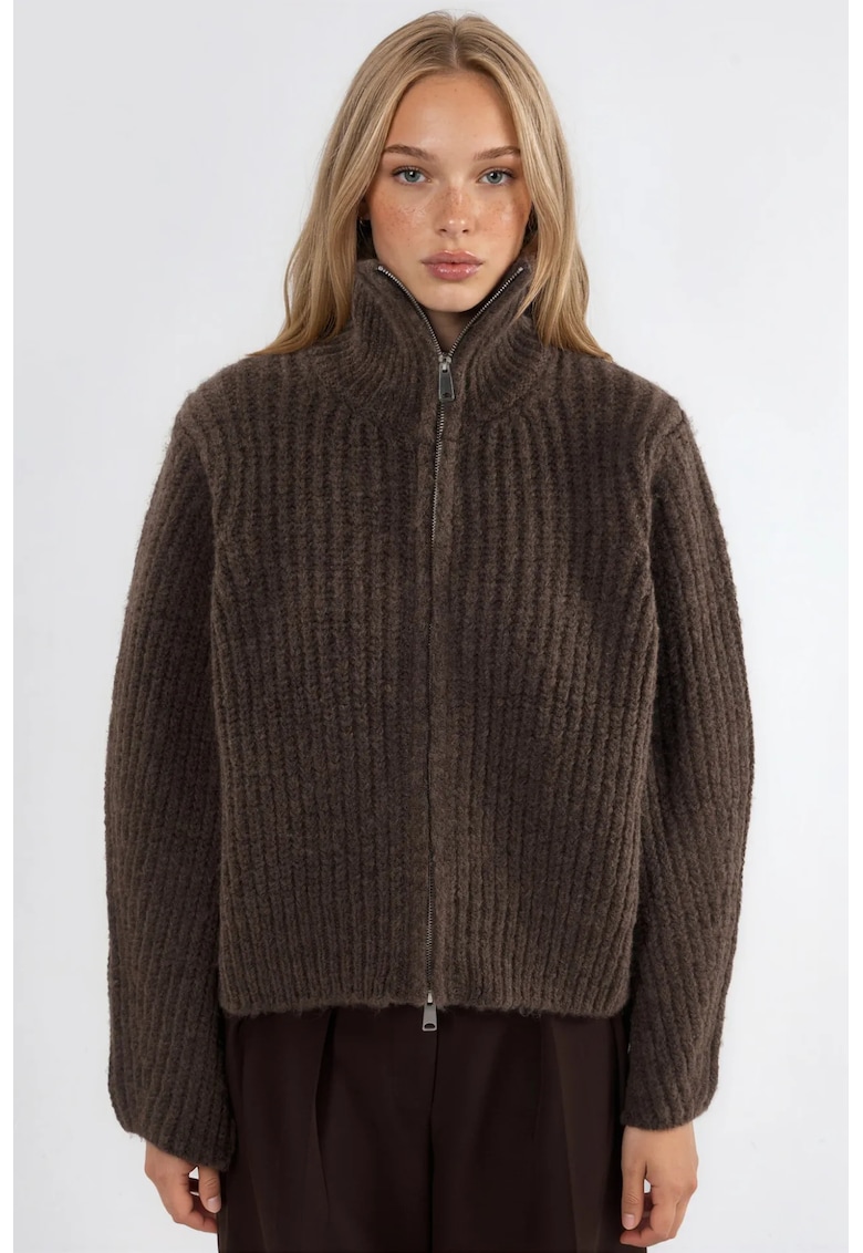 Cardigan - guler inalt - texturat - maro