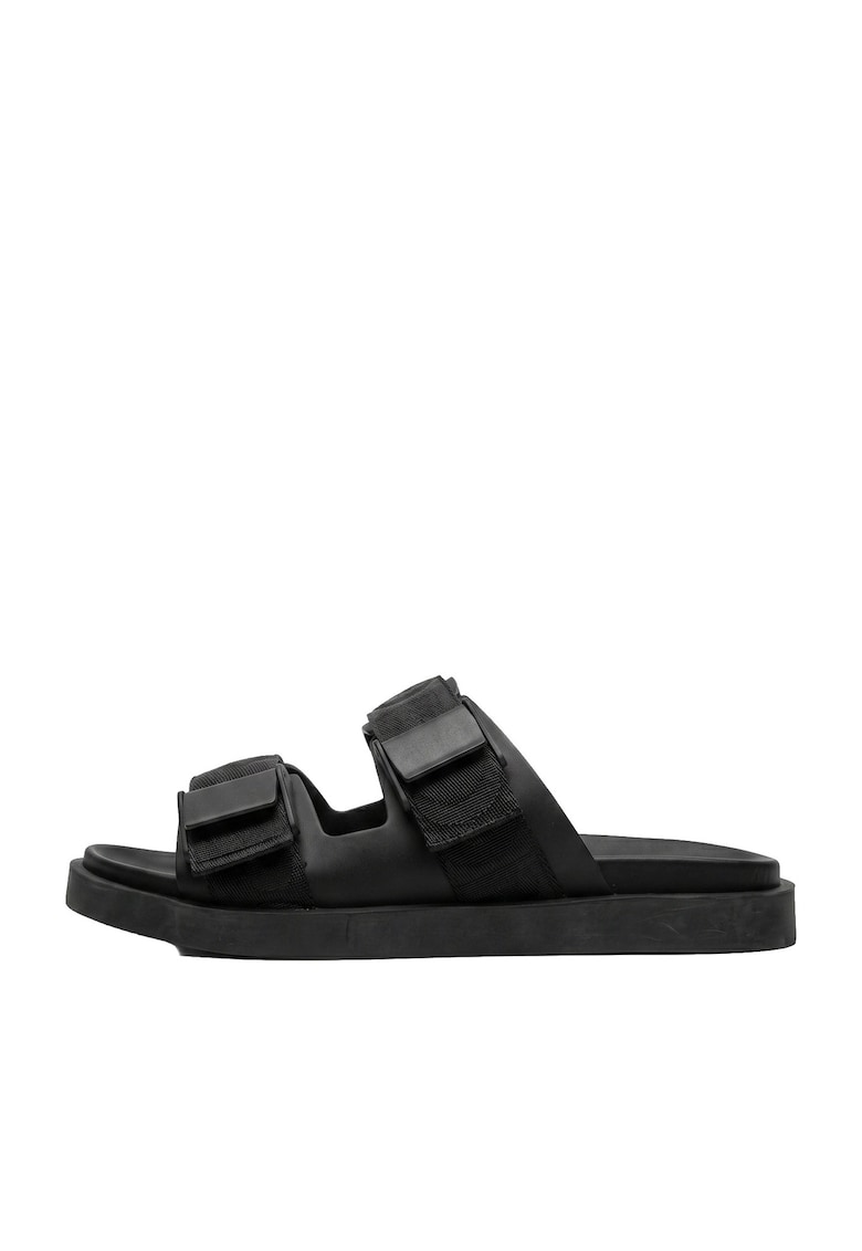 Papuci din piele cu talpa plata - Negru