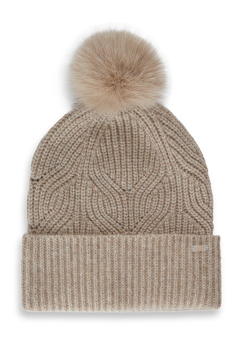 Caciula dama beanie bej cu pompon 56x58cm
