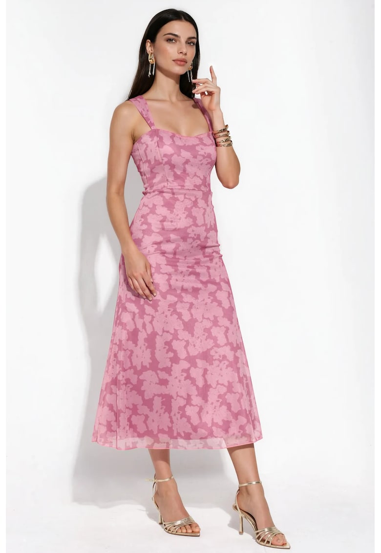 Rochie Midi - Floral - decolteu patrat - Roz Pudra - Poliester