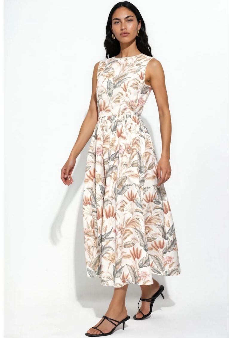 Rochie midi - A-line - fara maneci - natural - bumbac