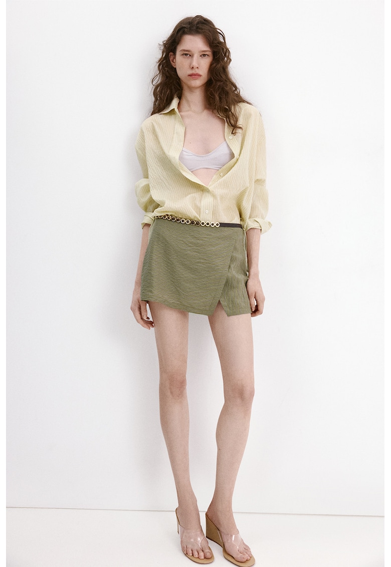Fusta-pantalon mini texturata cu talie inalta - Verde feriga