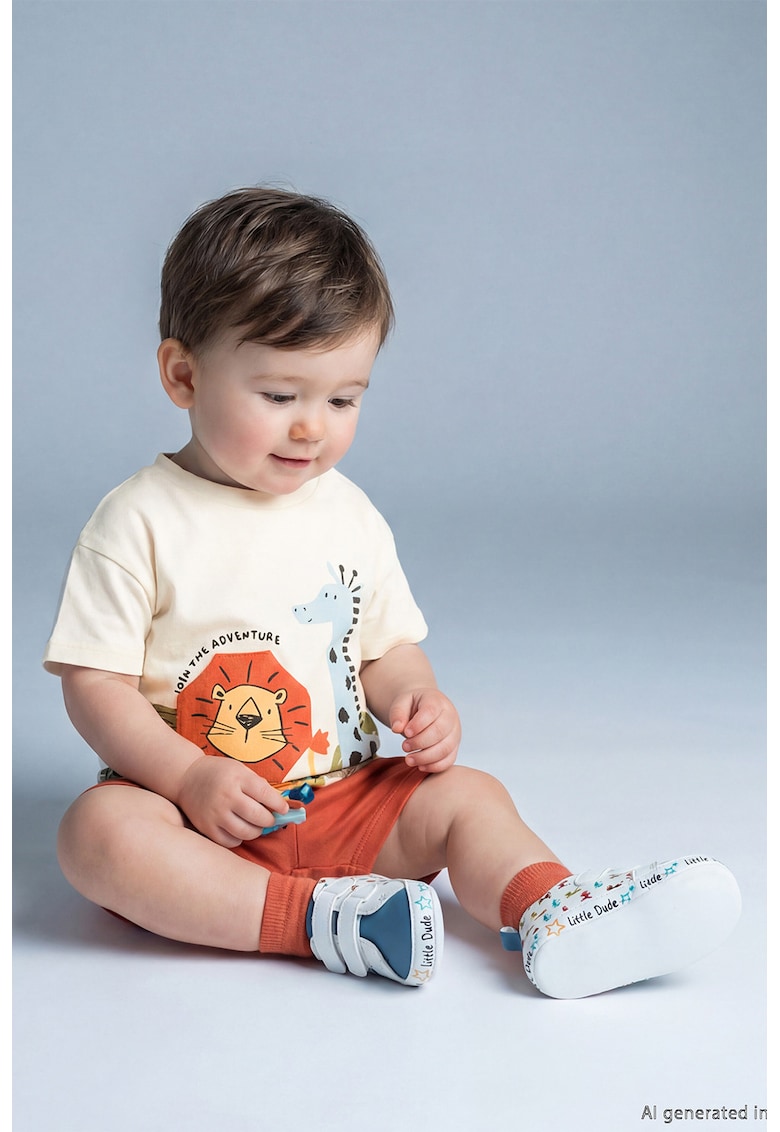 Set de tricou de bumbac si pantaloni scurti - 2 piese - Albastru pastel/Portocaliu/Alb murdar