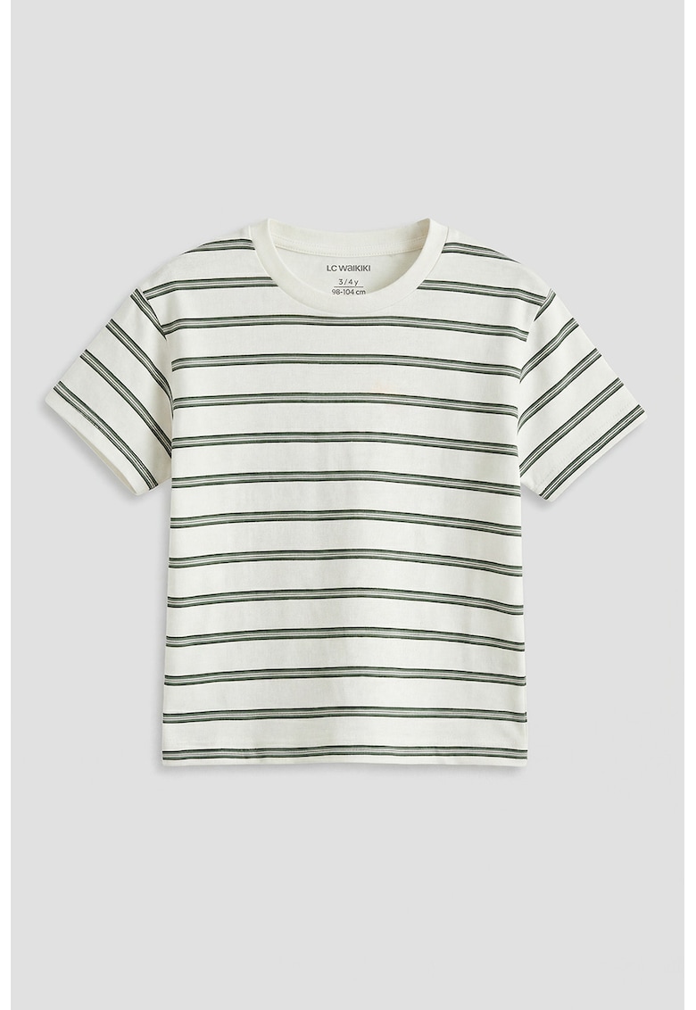 Tricou din bumbac cu decolteu la baza gatului si model in dungi - Alb/Verde masliniu inchis
