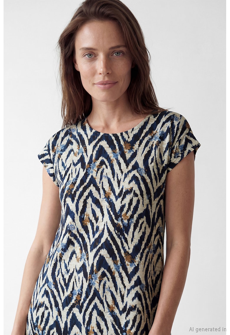 Rochie cu imprimeu si croiala in A - Albastru inchis/Crem