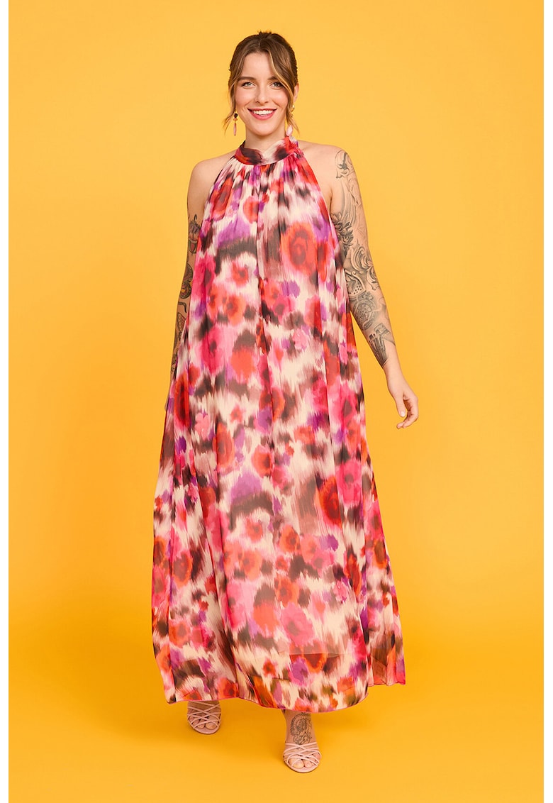 Rochie cu decolteu halter si model floral - Multicolor