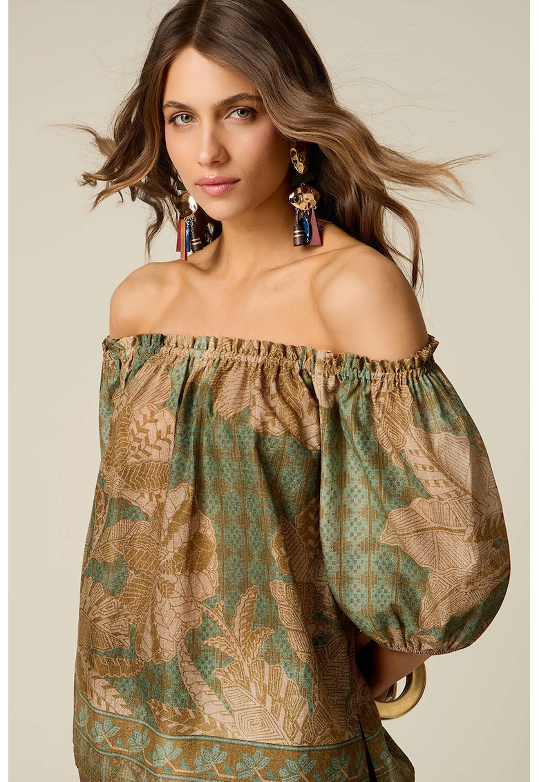 Bluza cu decolteu pe un umar si model - Verde/Maro