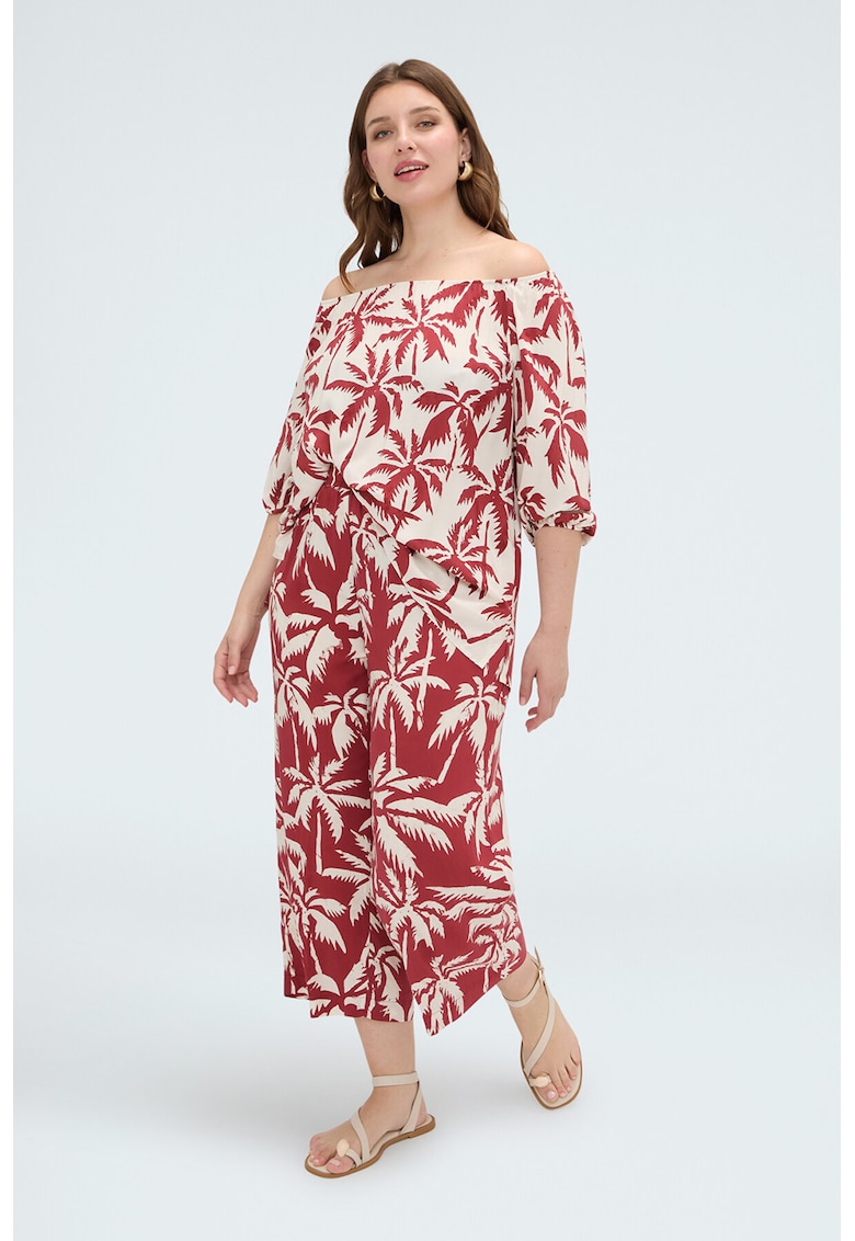 Pantaloni crop cu model tropical - Rosu inchis/Crem