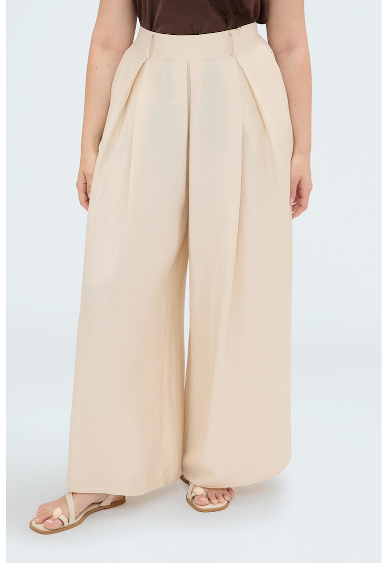 Pantaloni palazzo din amestec de in cu talie inalta - Bej deschis