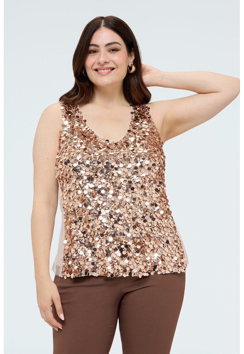 Bluza cu decolteu rotund si paiete - Maro bronz deschis