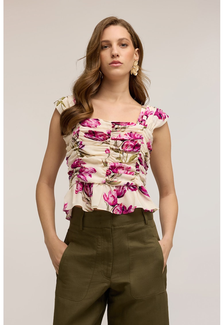 Top crop cu model floral - Alb/Roz