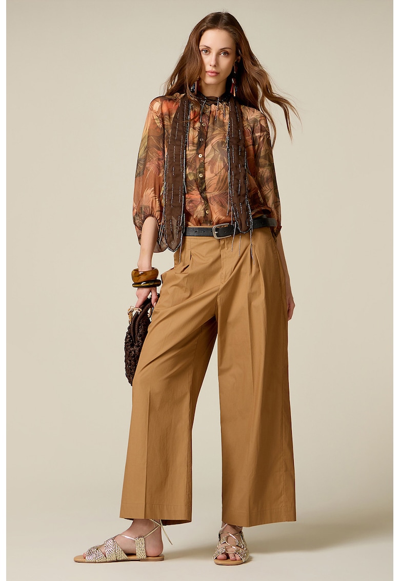 Pantaloni ampli de bumbac cu pliuri - Ocru