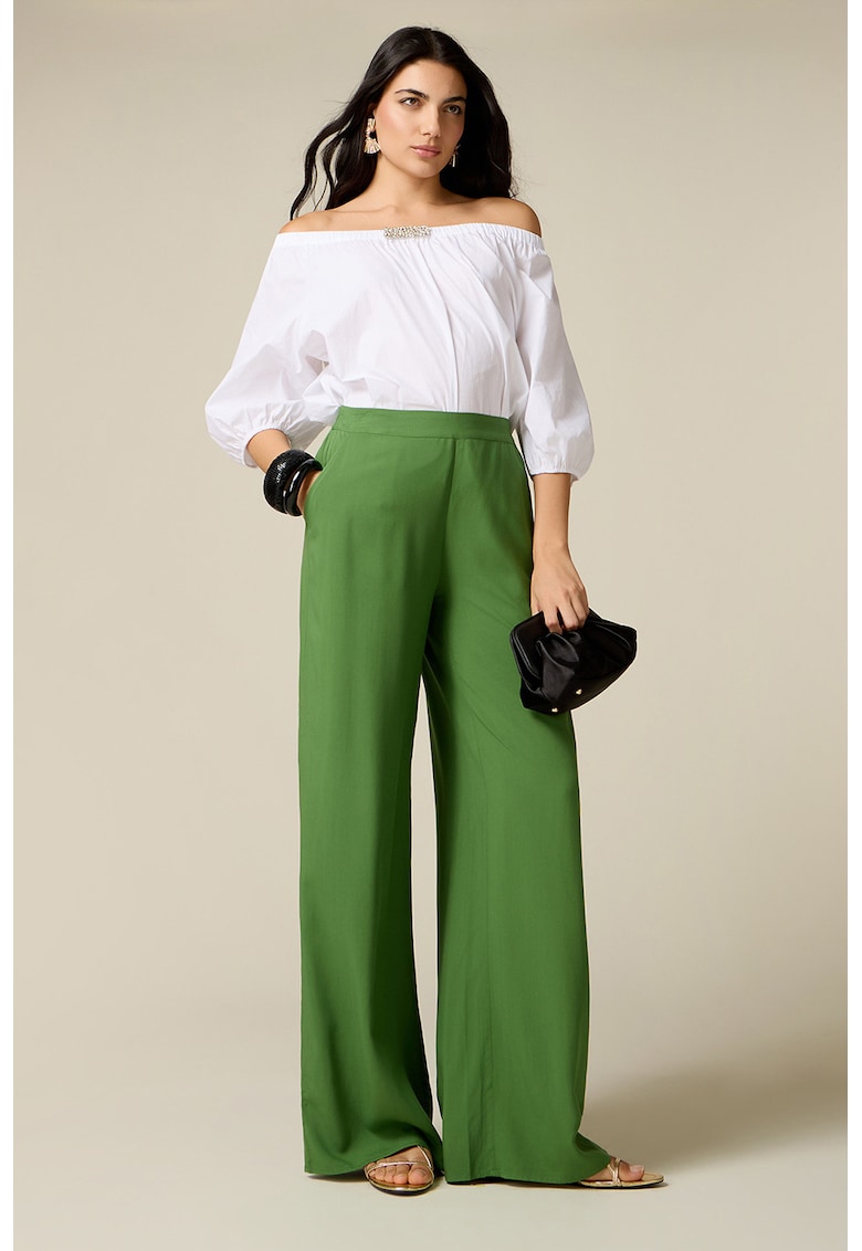 Pantaloni cu croiala ampla si talie inalta - Verde