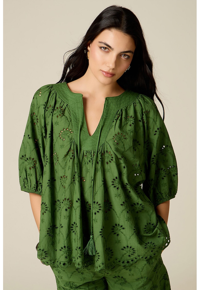 Bluza din bumbac cu design perforat - Verde padure/Verde iarba