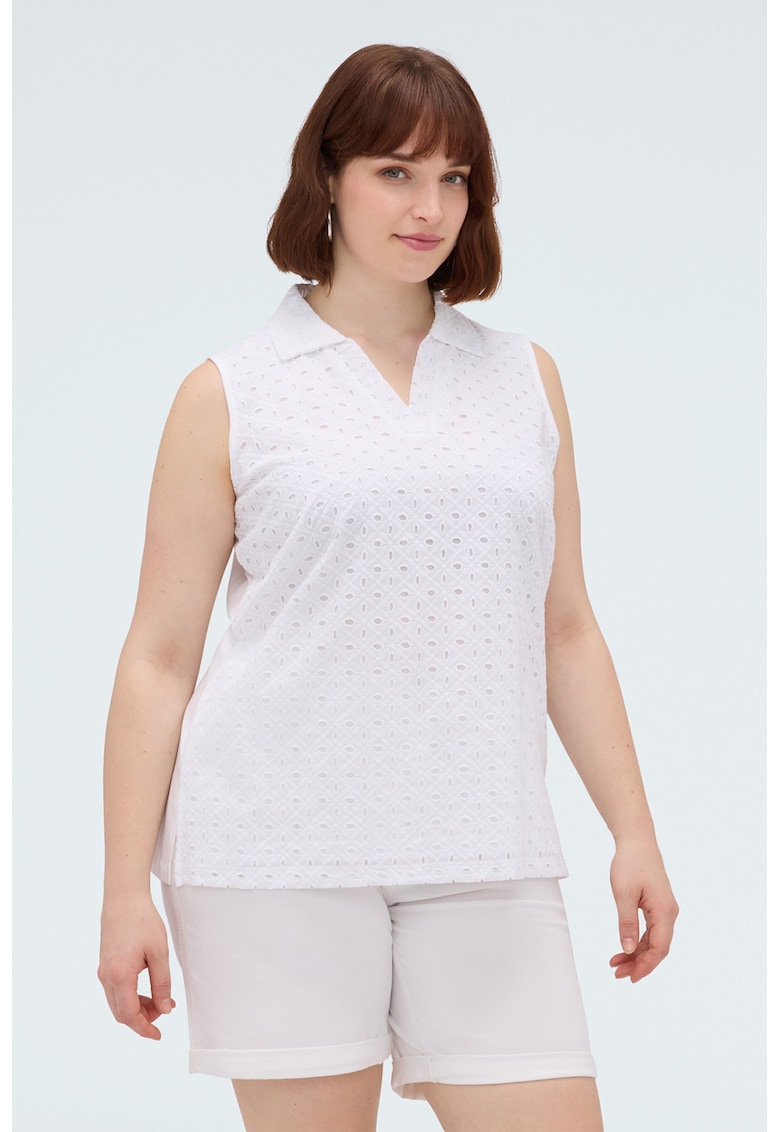 Top polo cu broderie din dantela sangallo - Alb