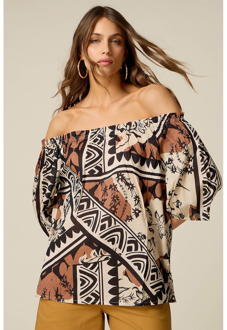 Bluza din bumbac cu decolteu pe umeri - Negru/Maro Siena/Crem/Bej deschis