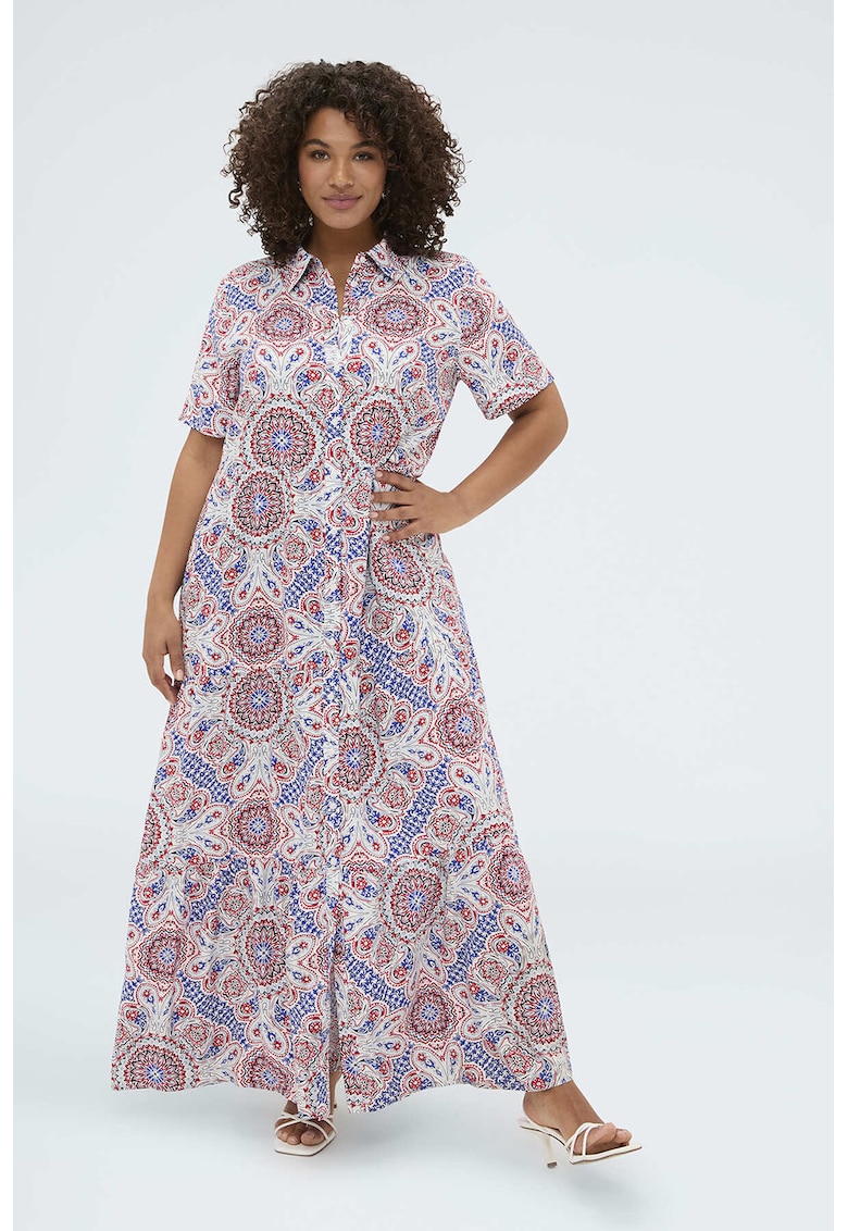 Rochie-camasa cu model etnic - Rosu/Alb/Albastru royal