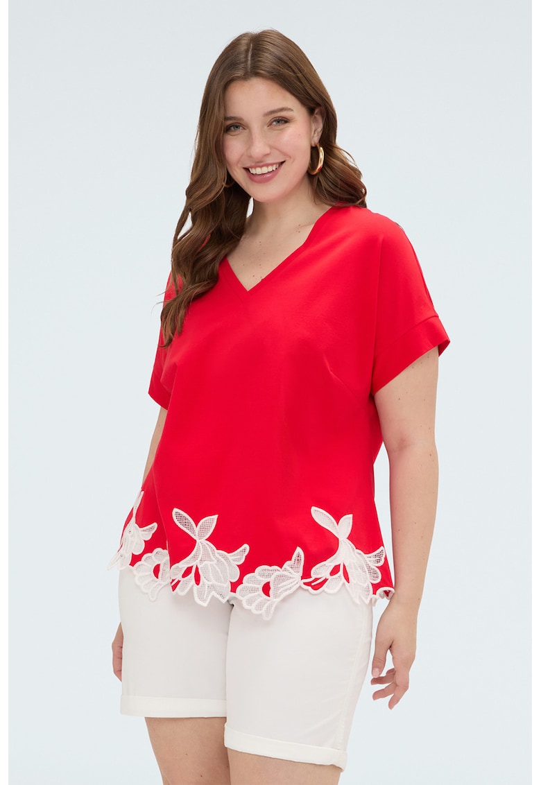 Tricou cu terminatie din dantela macramé - Alb/Rosu cireasa