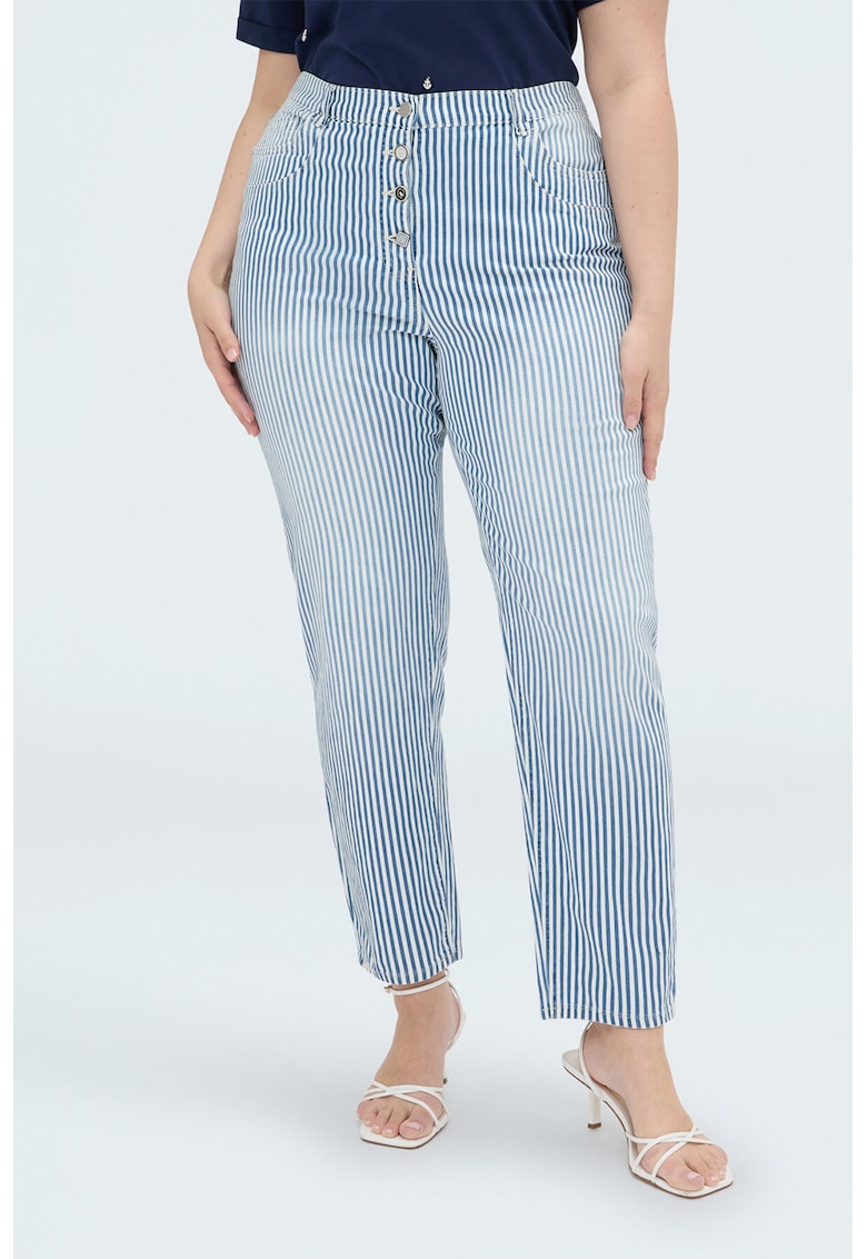 Pantaloni cu talie inalta si dungi - Alb/Albastru stins