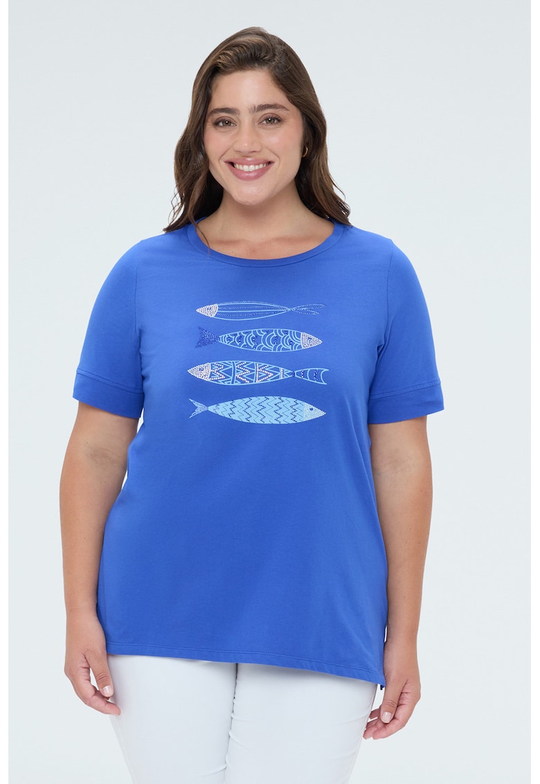 Tricou din bumbac cu imprimeu si margele - Alb/Albastru royal