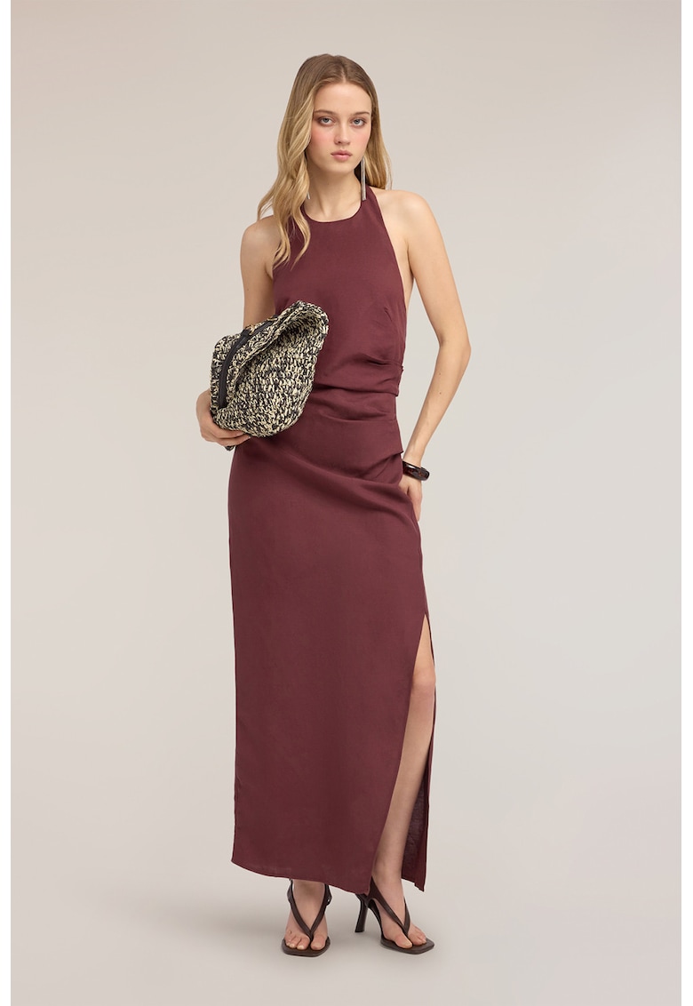 Rochie din amestec de in cu slit lateral si decolteu halter - Violet pruna