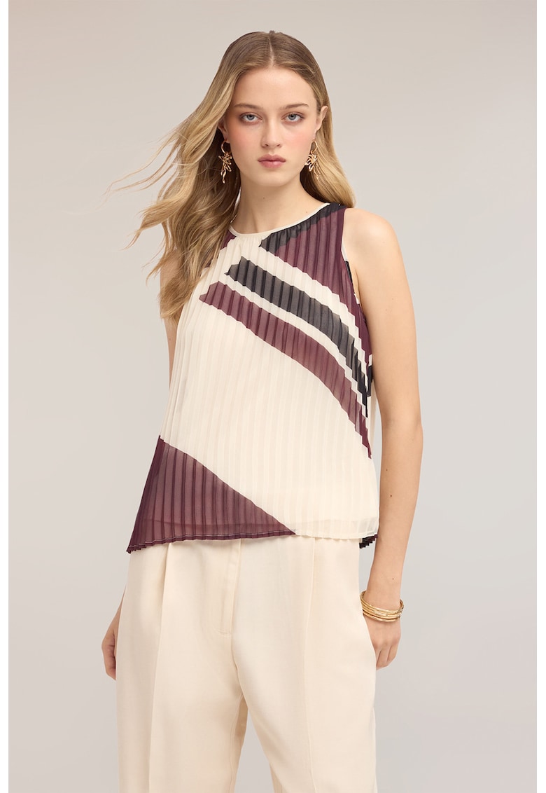 Bluza din crep fara maneci - Negru stins/Crem/Violet pruna