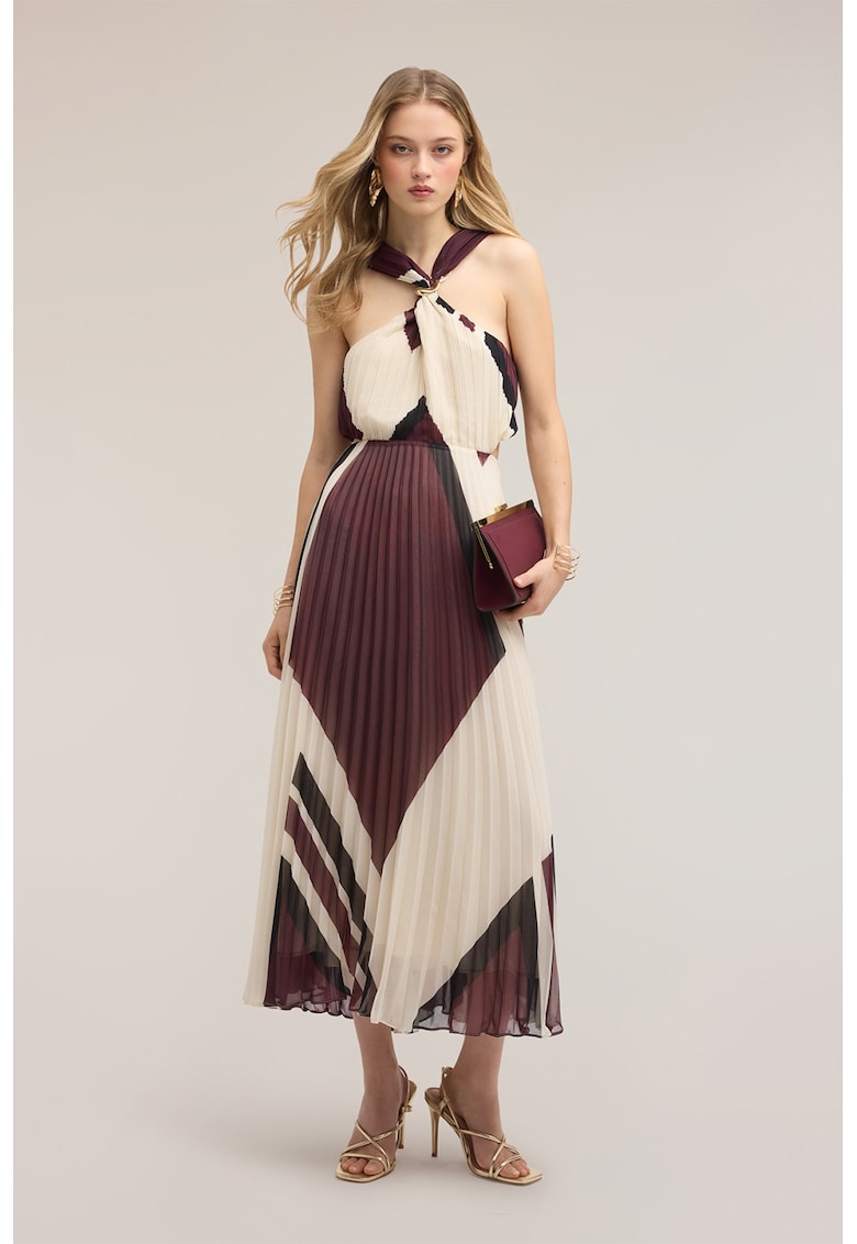Rochie maxi halter cu pliuri si imprimeu geometric - Alb fildes - Negru - Violet pruna -