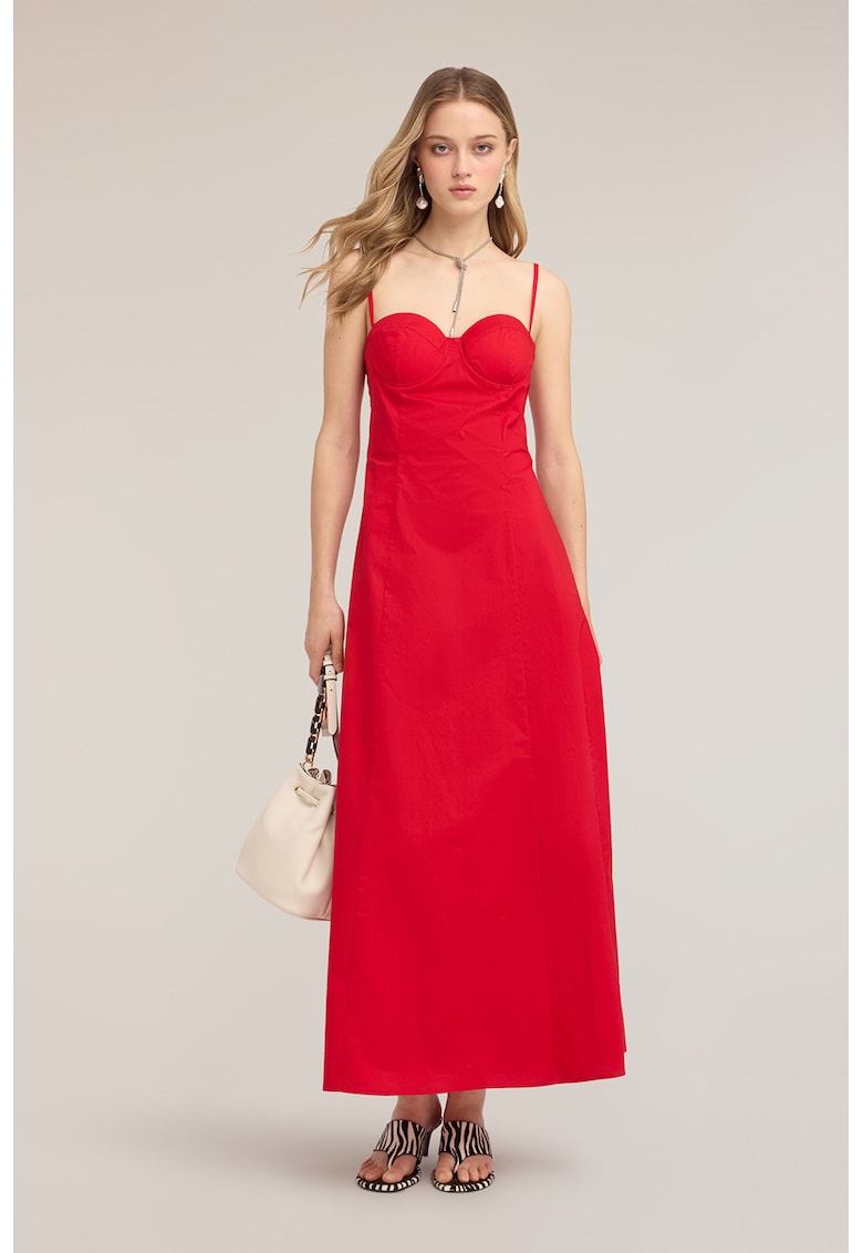 Rochie lunga din poplin cu croiala in A - Rosu vermillion -