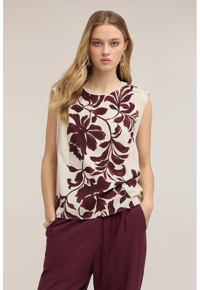 Bluza cu model floral - fara maneci - Alb fildes - Violet pruna -