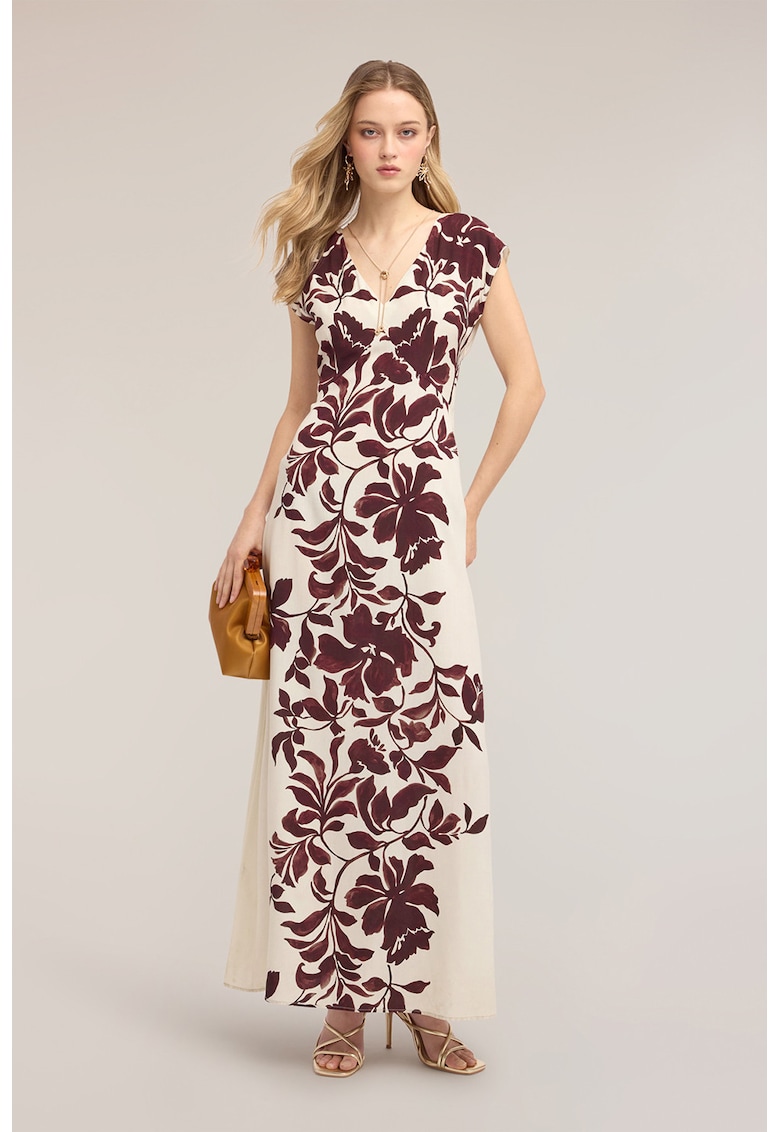 Rochie lunga cu decolteu in V si model floral - Alb fildes - Violet pruna -