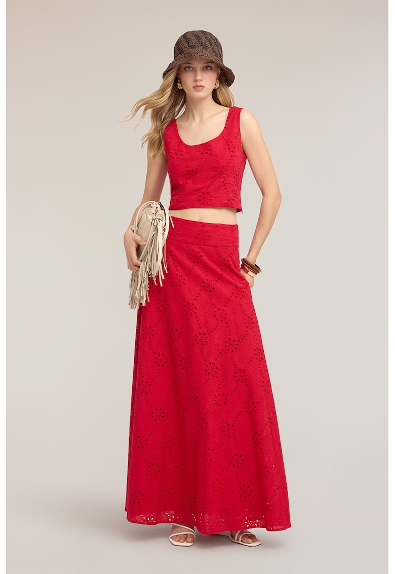 Fusta maxi cu design perforat - Rosu cireasa
