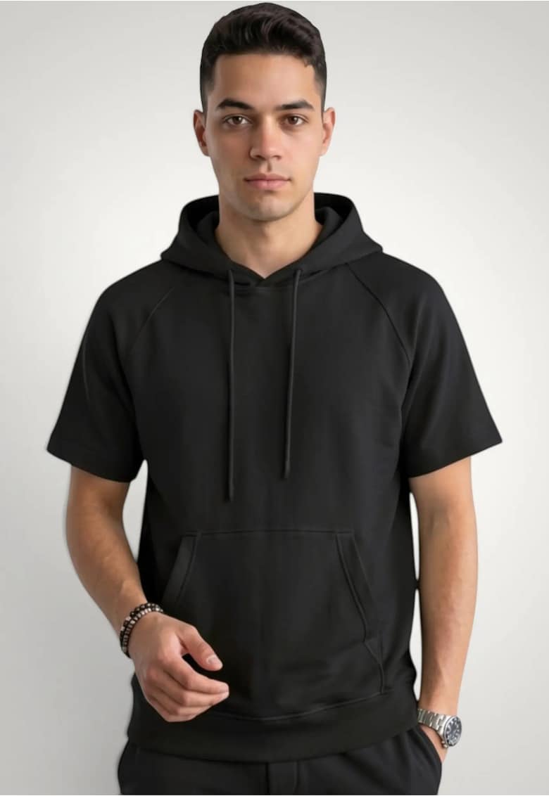 Tricou barbati cu gluga si buzunar central - Bumbac premium - Negru