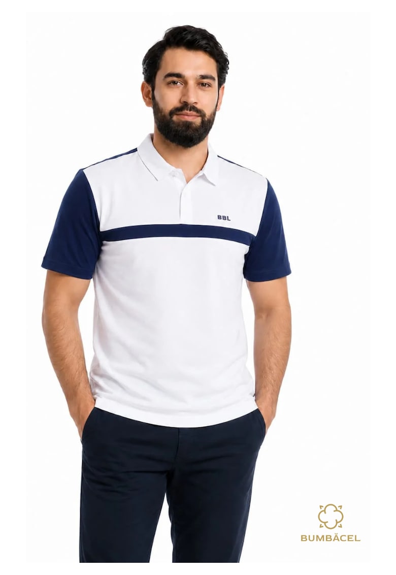 Tricou Polo barbati din bumbac - cu imprimeu - alb-albastru