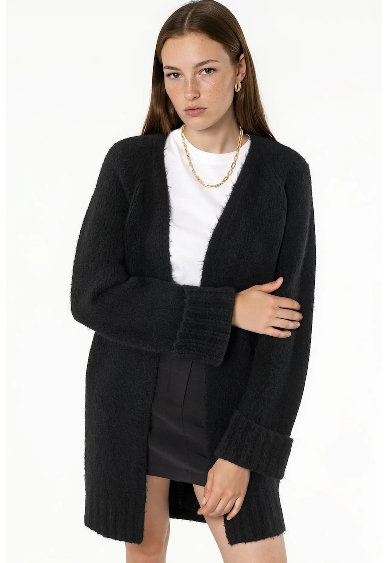 Cardigan lung tricotat - guler deschis - negru - 77% acrilic - 23% poliester