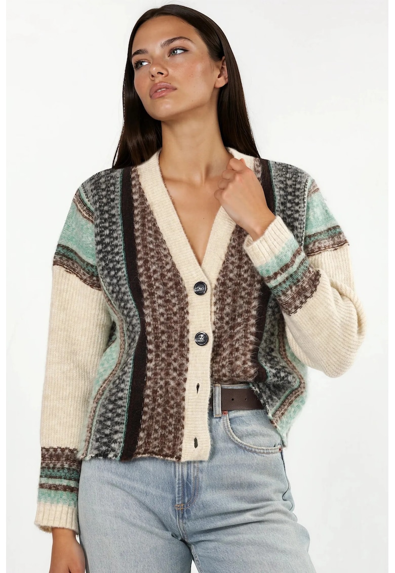 Cardigan tricotat decolteu in V - model distinctiv - maro - acrilic-poliester