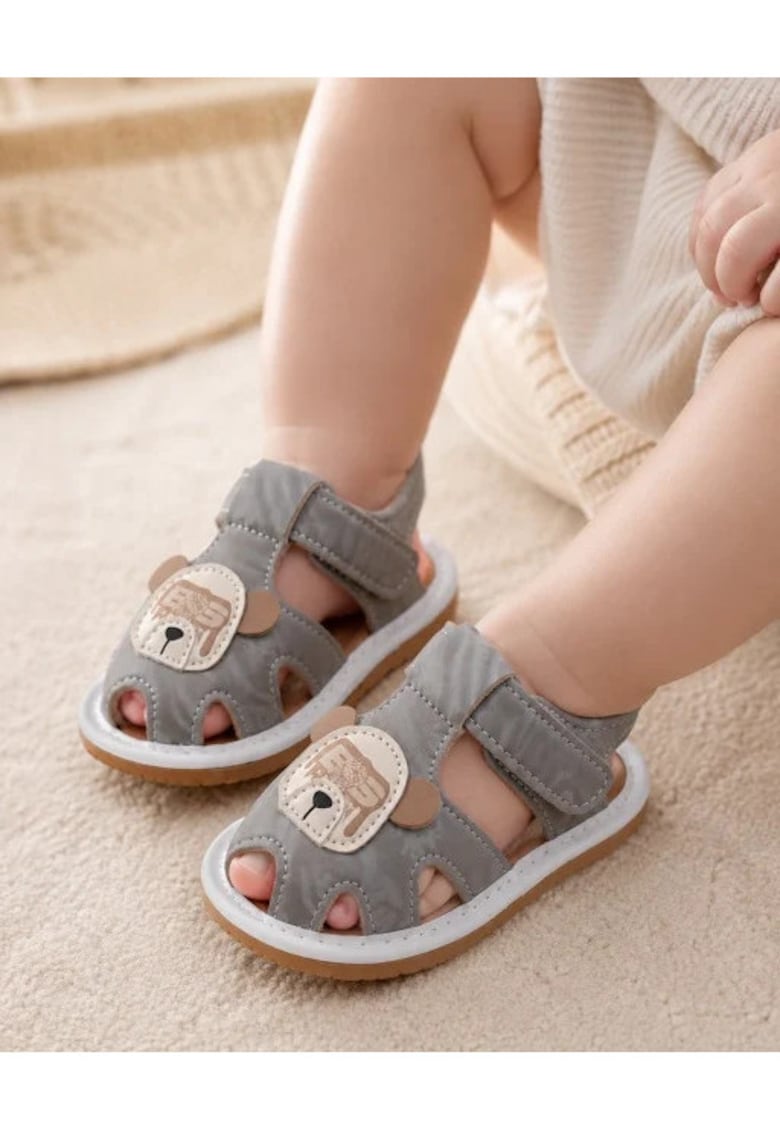Sandalute cu piuitoare - Happy Cute Bear - Model AL 35426 - Piele ecologica - Baieti - Gri -