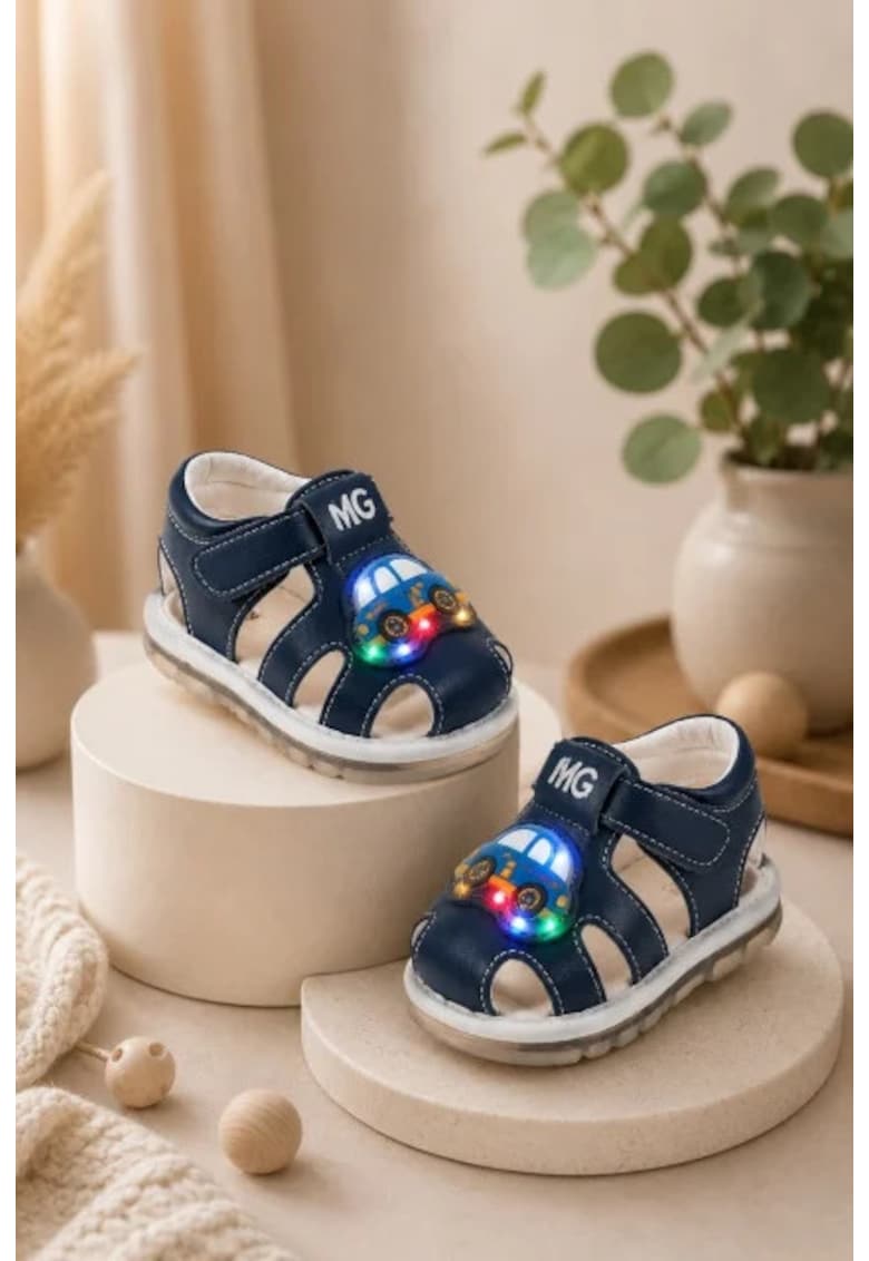 Sandalute bleumarin cu luminite pentru super bebelusi - Masinuta - Bleumarin