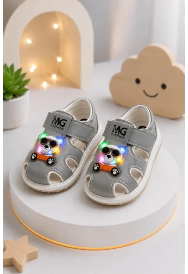 Sandalute gri cu luminite pentru super bebelusi - Ursulet - Gri